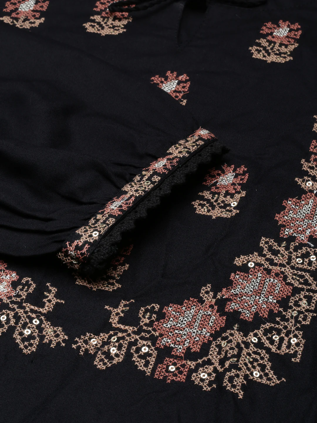 Neerus Black Regular Straight Floral Kurta - Image 4