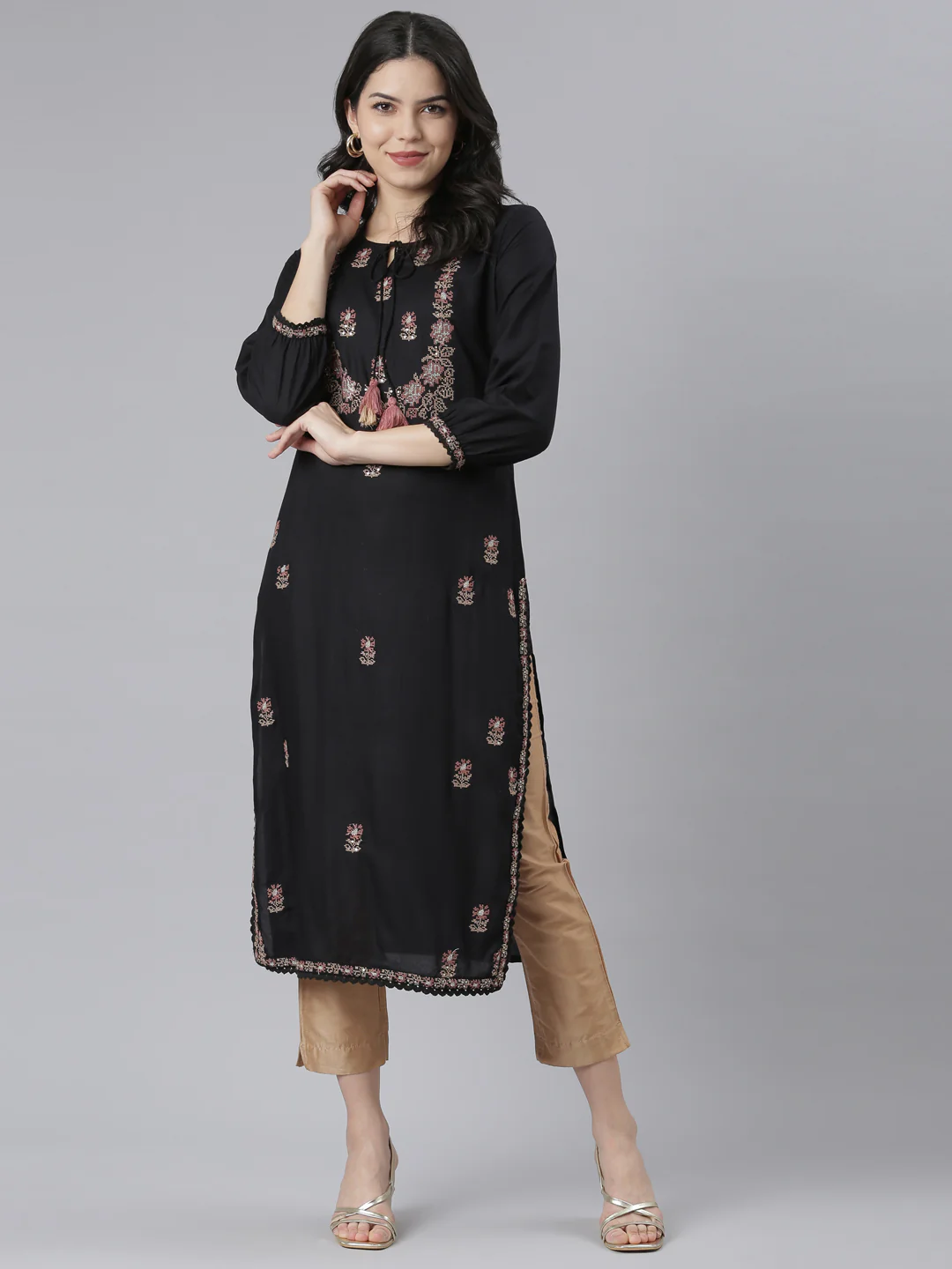 Neerus Black Regular Straight Floral Kurta - Image 6