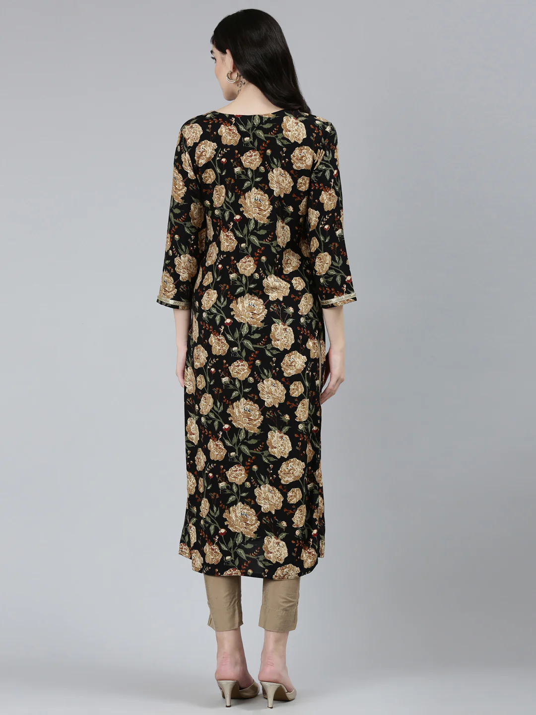 Neerus Black Regular Straight Floral Kurta - Image 3