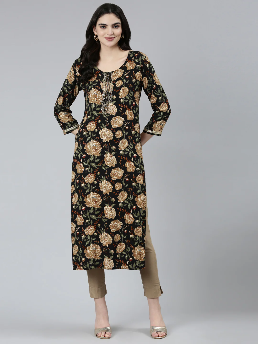 Neerus Black Regular Straight Floral Kurta - Image 4