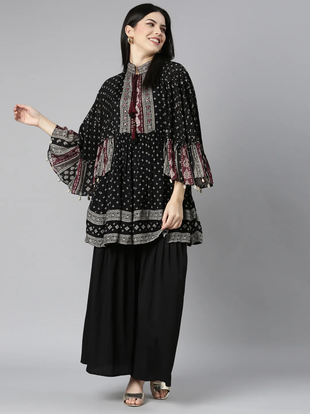 Neerus Black Regular Straight Floral Kurti And Sharara - Image 5