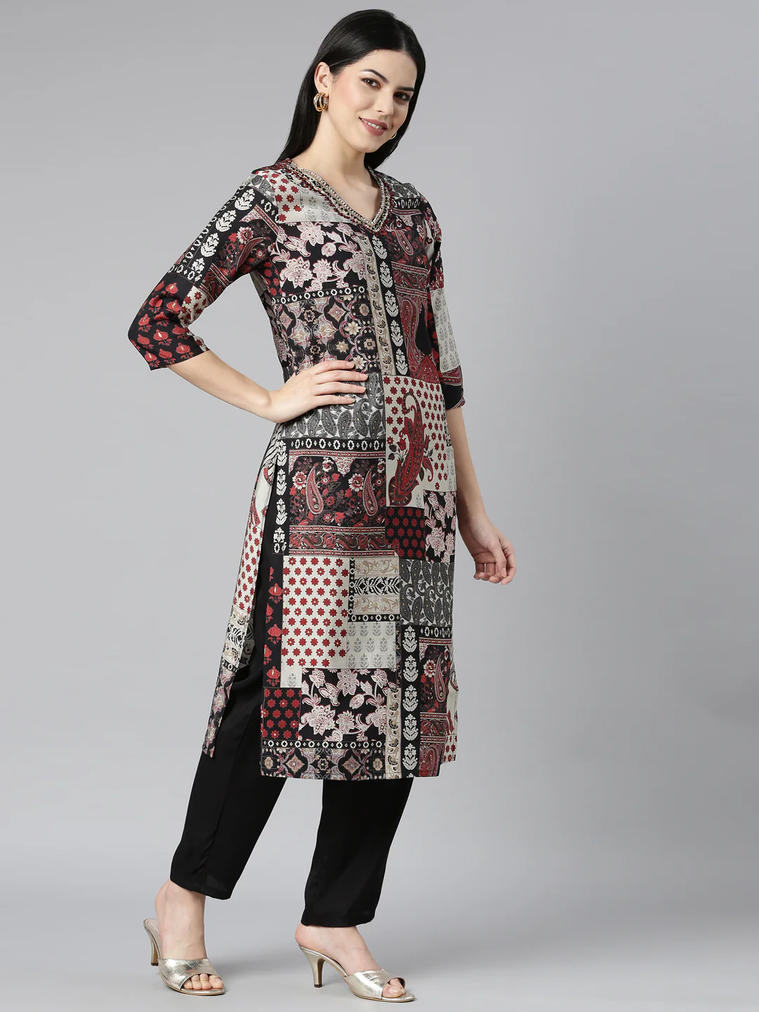 Neerus Black Regular Straight Paisley Kurta And Trousers With Dupatta - Image 2