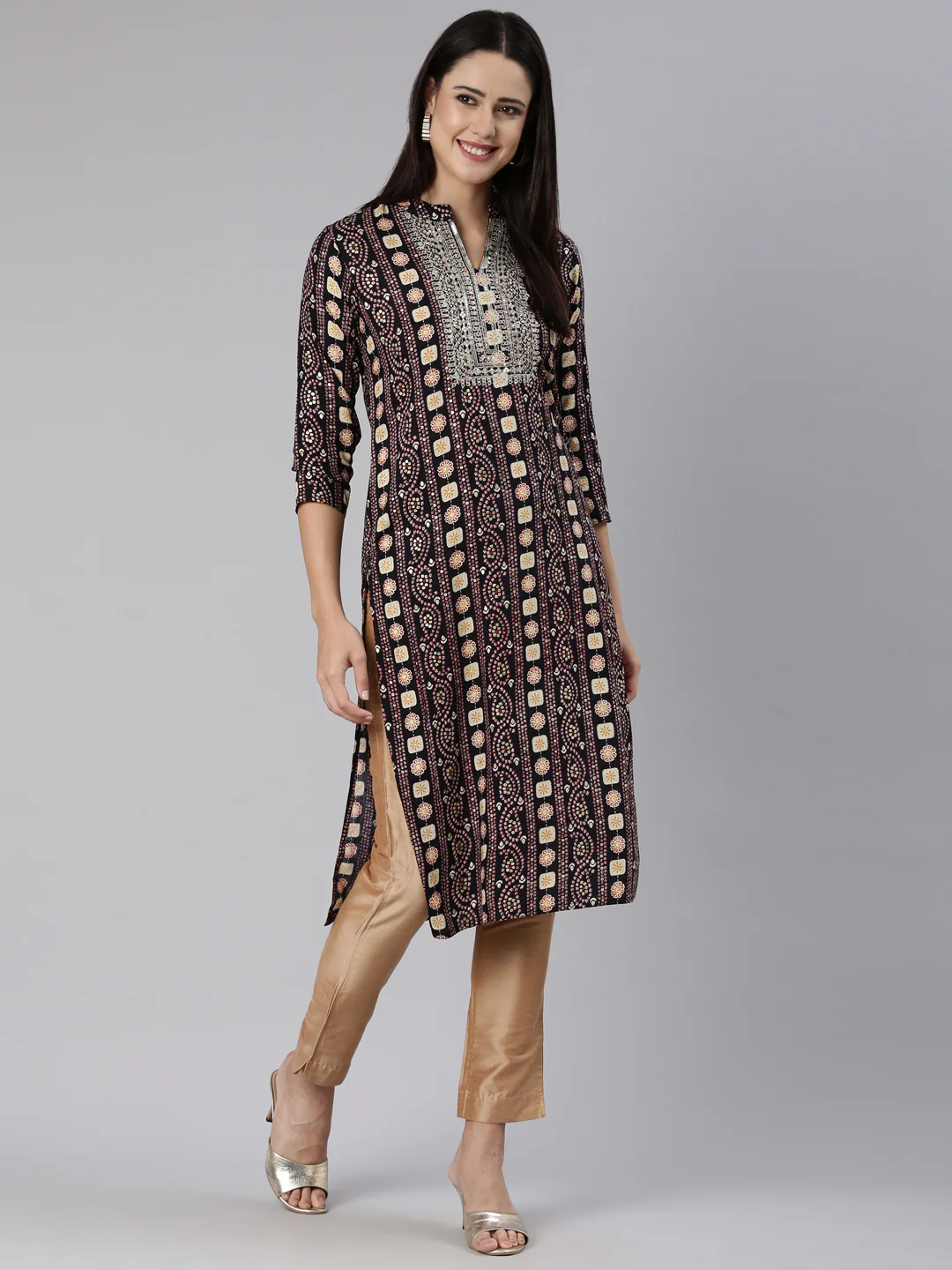 Neerus Black Regular Straight Paisley Kurta - Image 5