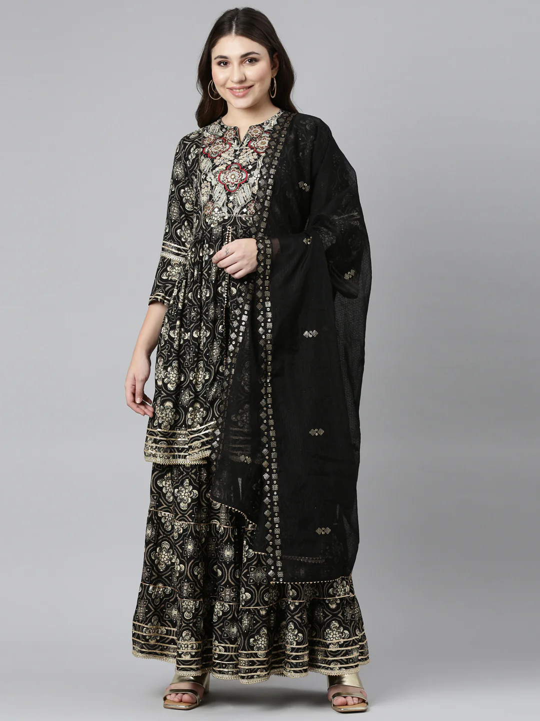 Neerus Black Regular Straight Printed Kurta And Sharara With Dupatta