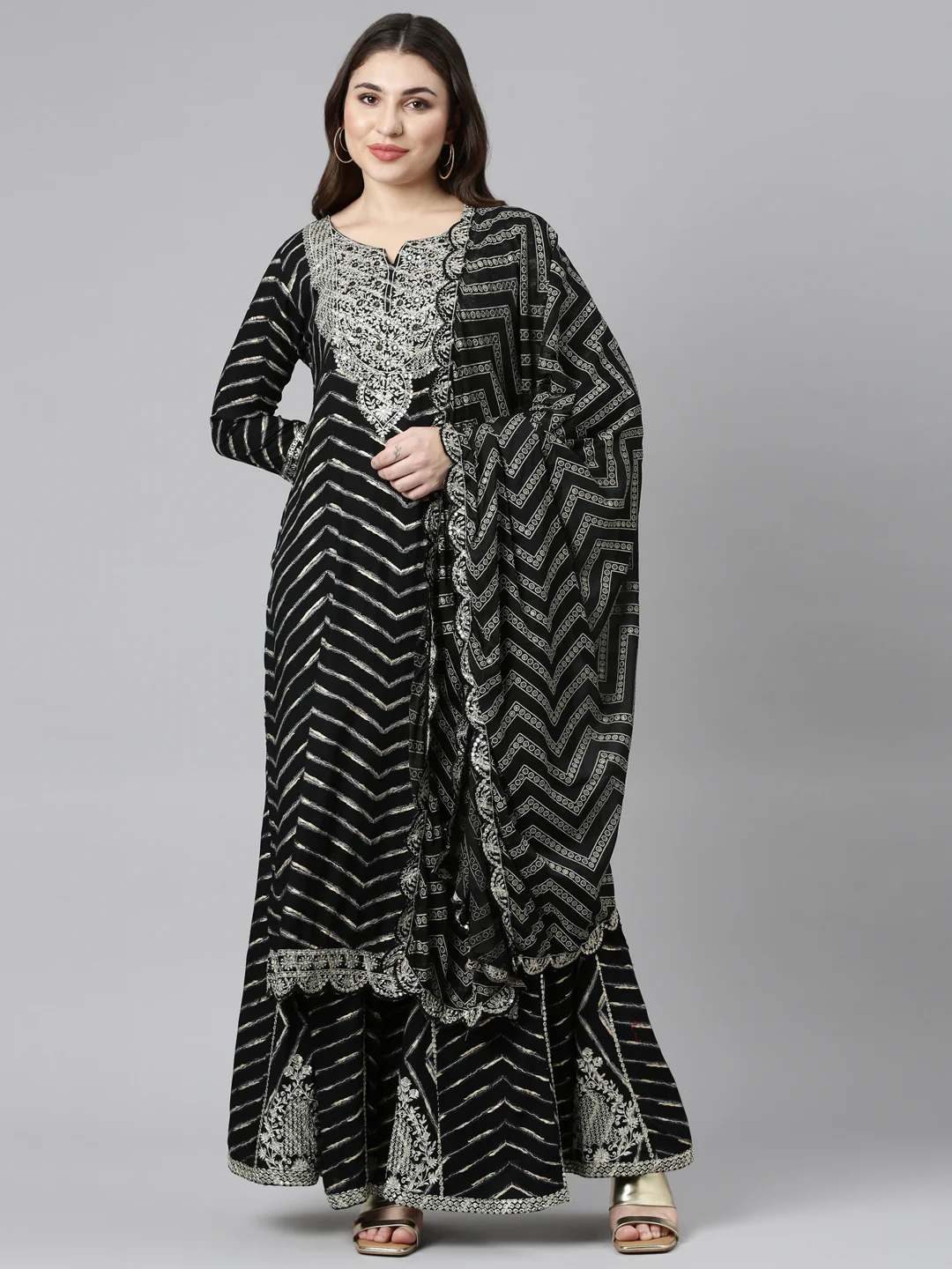 Neerus Black Regular Straight Printed Kurta And Sharara With Dupatta