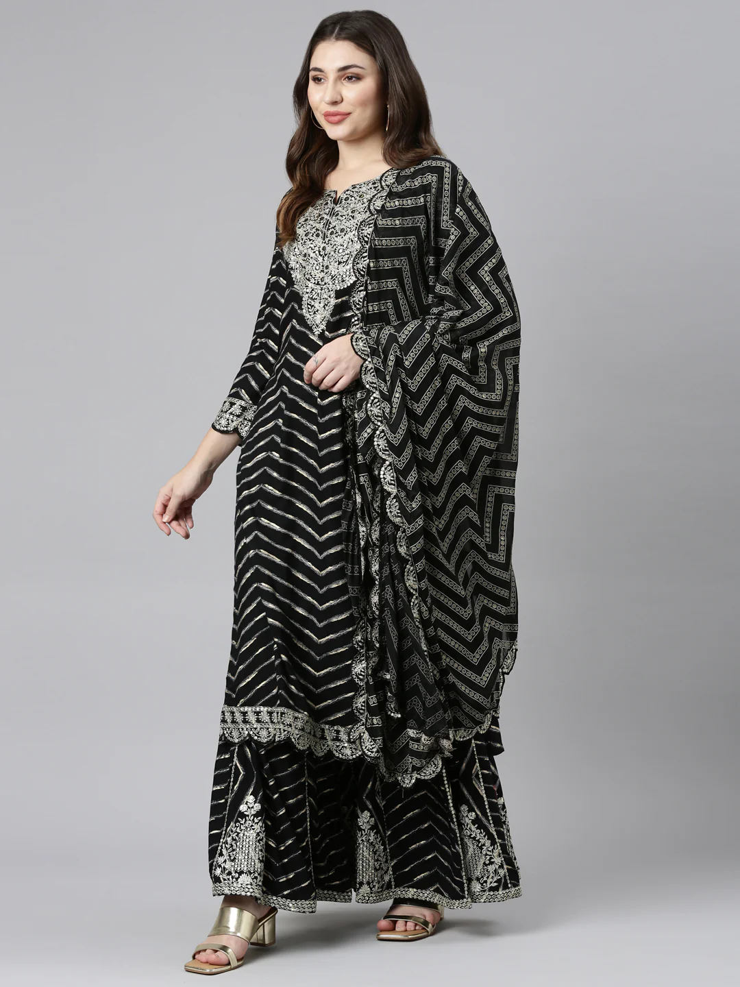 Neerus Black Regular Straight Printed Kurta And Sharara With Dupatta - Image 5