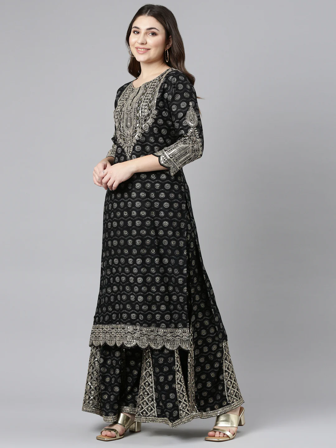 Neerus Black Regular Straight Printed Kurta And Sharara With Dupatta - Image 2
