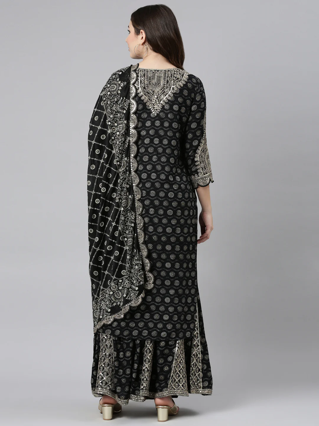 Neerus Black Regular Straight Printed Kurta And Sharara With Dupatta - Image 3