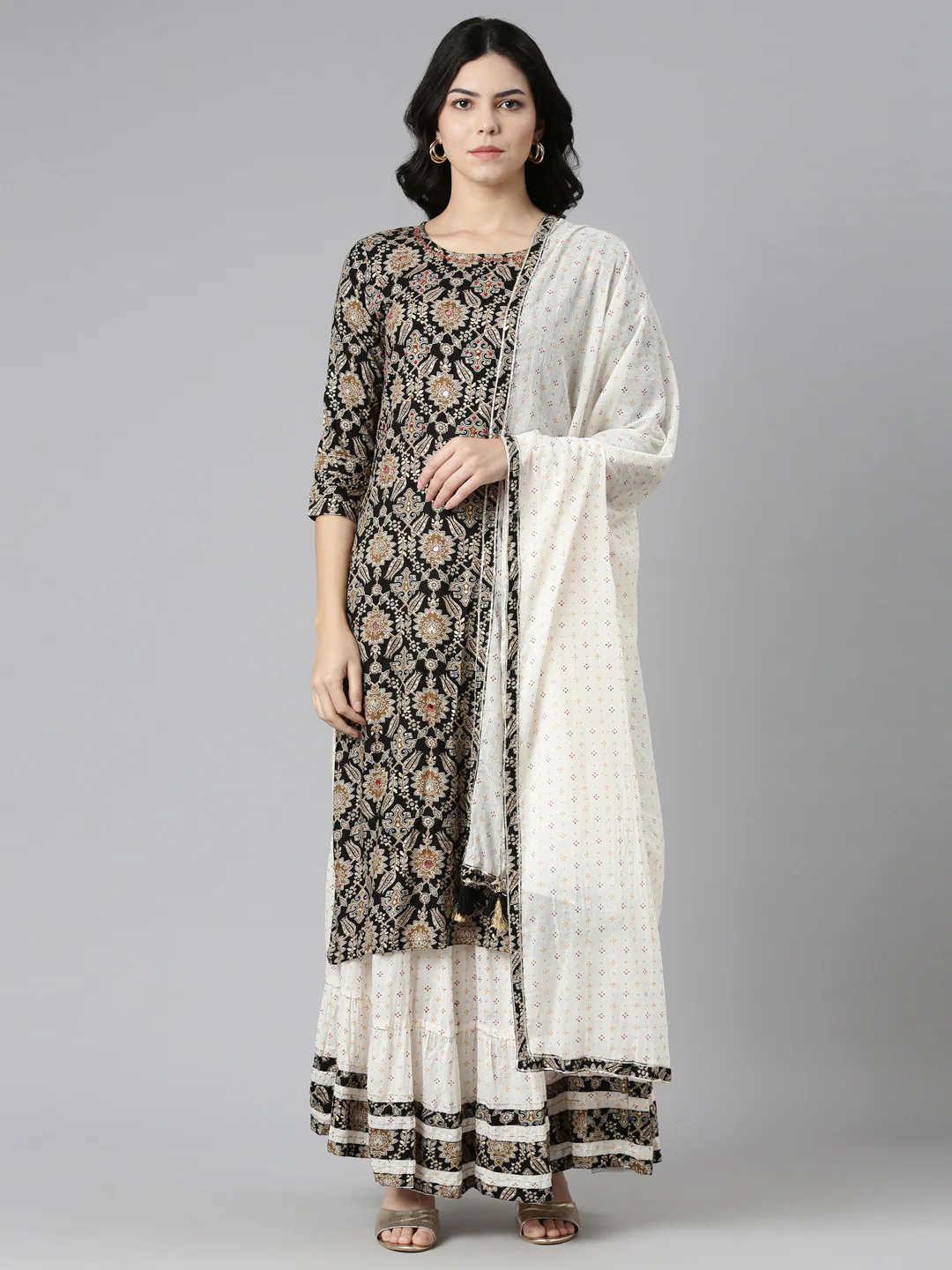 Neerus Black Regular Straight Printed Kurta And Skirt With Dupatta