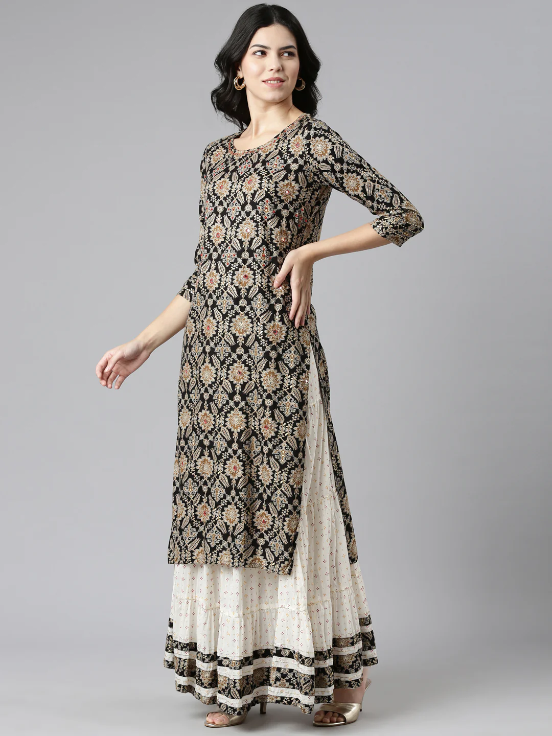 Neerus Black Regular Straight Printed Kurta And Skirt With Dupatta - Image 2
