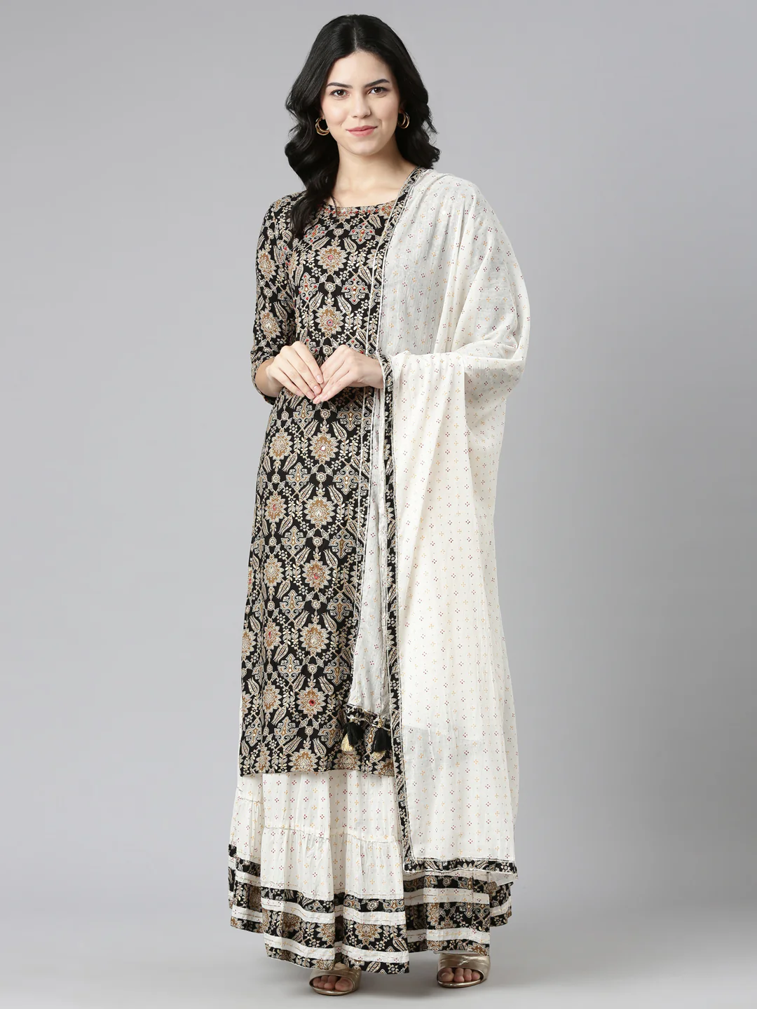 Neerus Black Regular Straight Printed Kurta And Skirt With Dupatta - Image 5