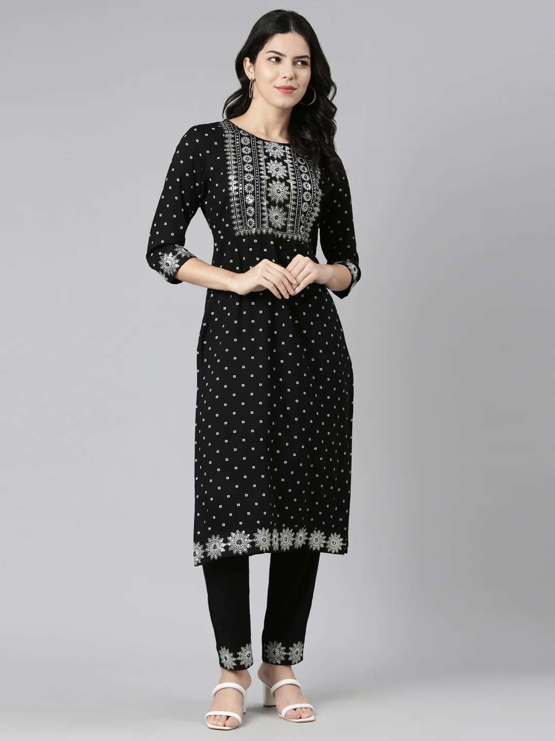 Neerus Black Regular Straight Printed Kurta And Trousers - Image 5