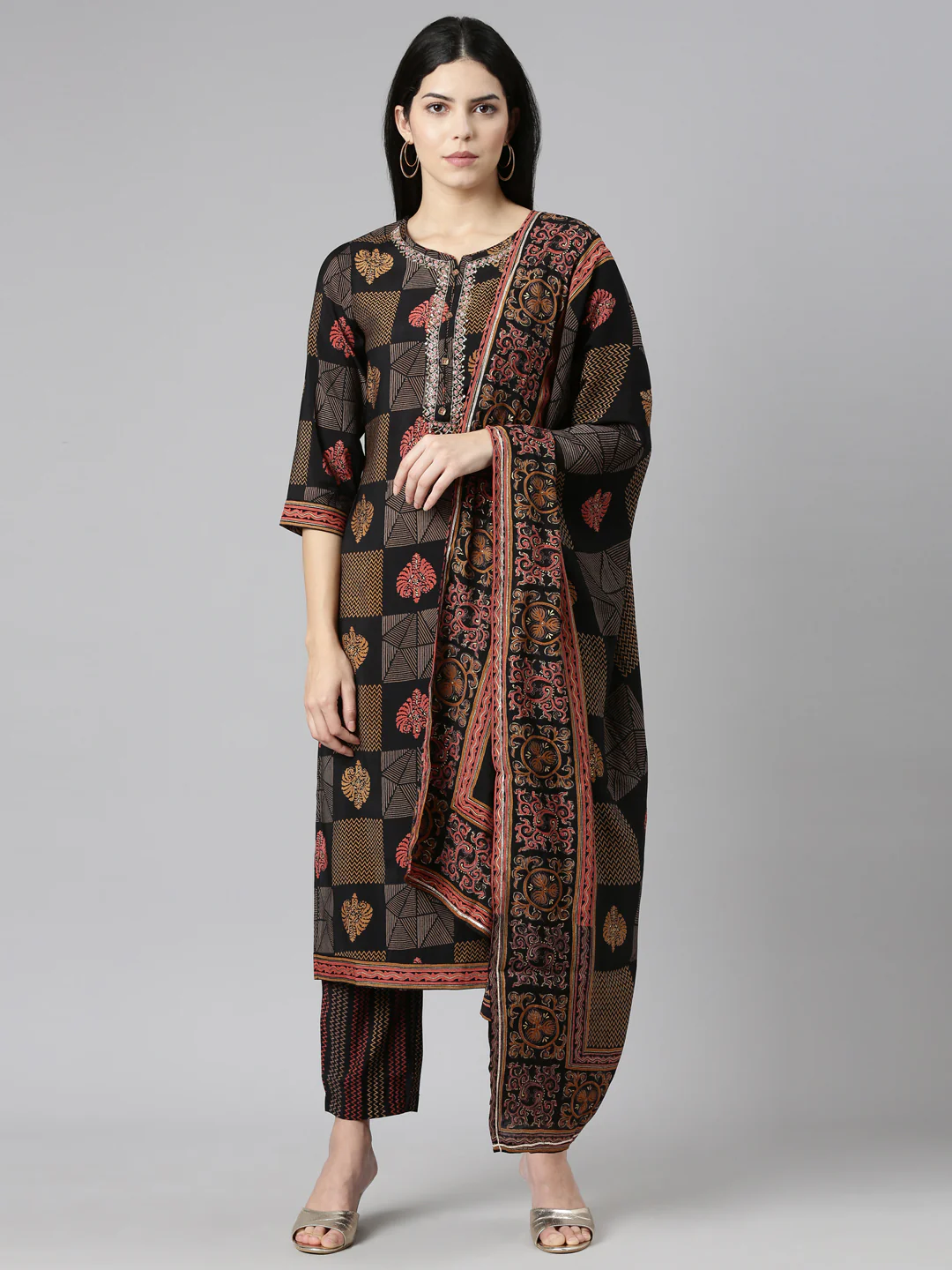 Neerus Black Regular Straight Printed Readymade Suits
