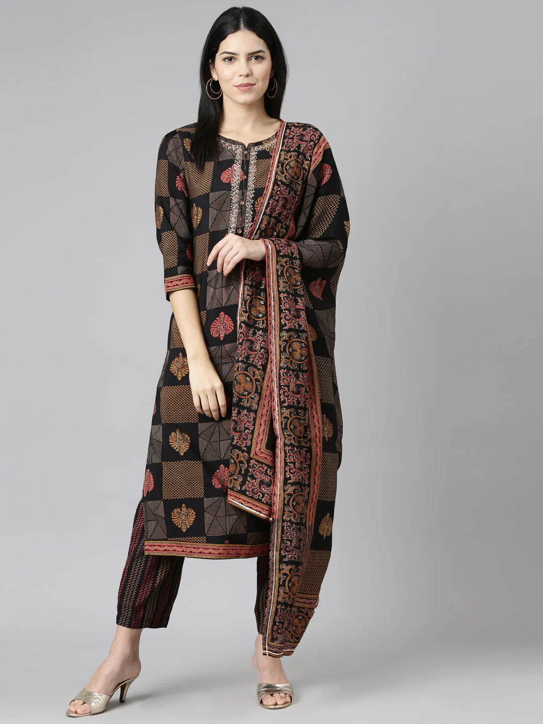Neerus Black Regular Straight Printed Readymade Suits - Image 5