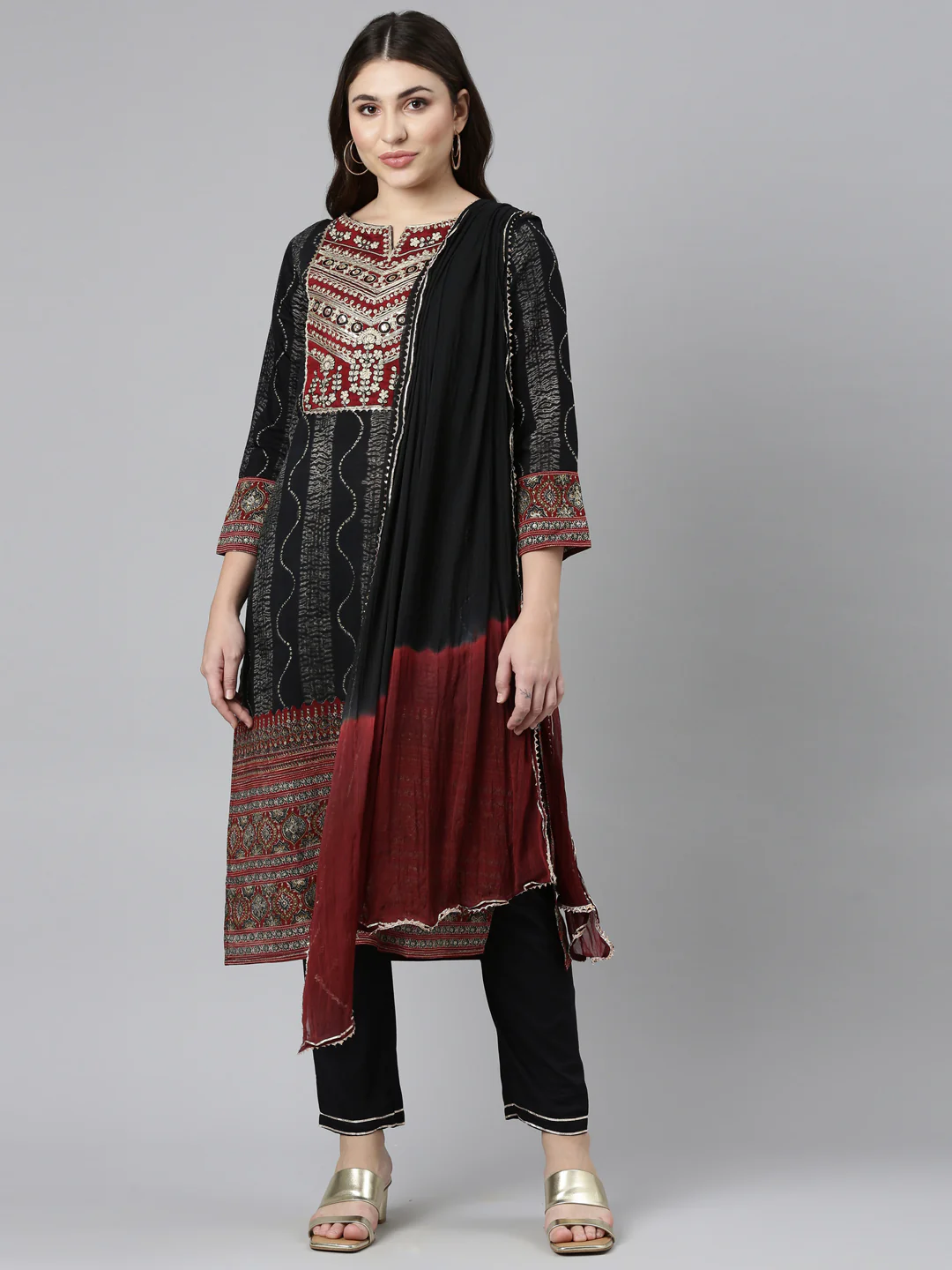 Neerus Black Regular Straight Printed Readymade Suits
