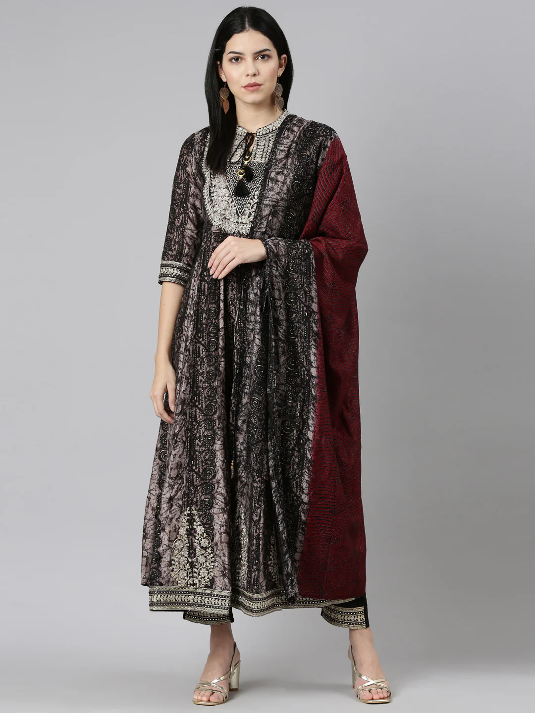Neerus Black Regular Straight Printed Readymade Suits
