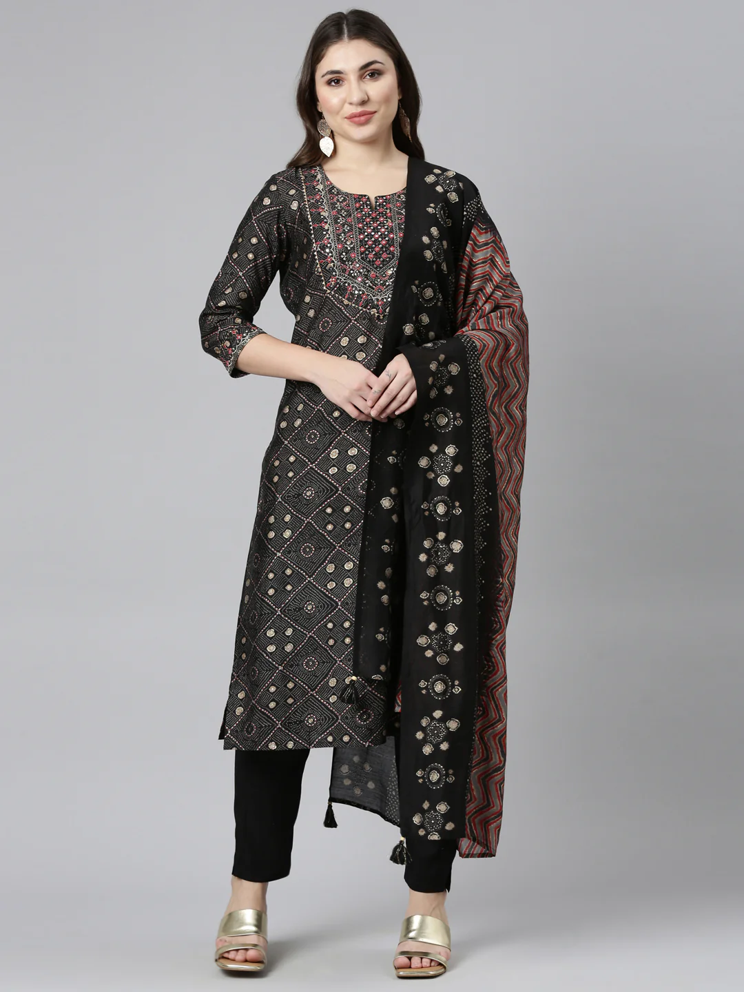 Neerus Black Regular Straight Printed Readymade Suits