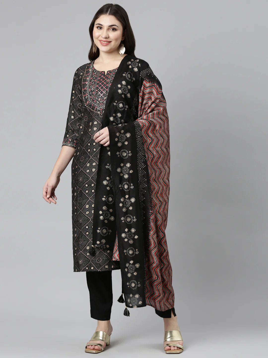 Neerus Black Regular Straight Printed Readymade Suits - Image 5