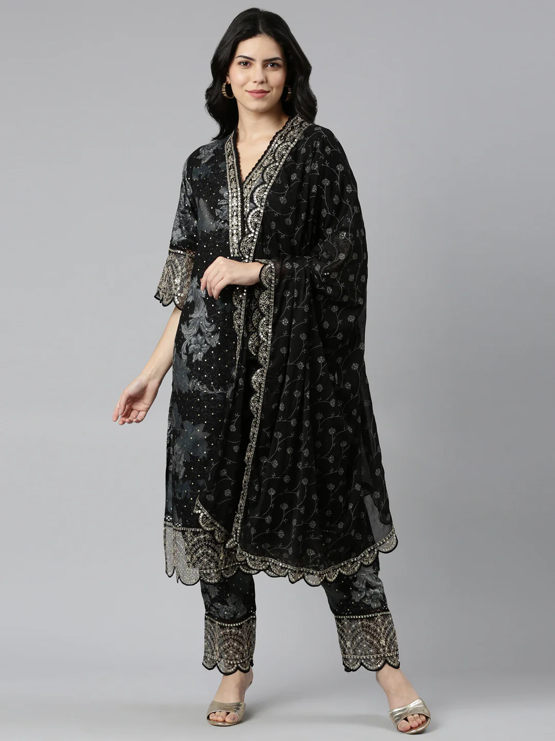Neerus Black Regular Straight Printed Readymade Suits