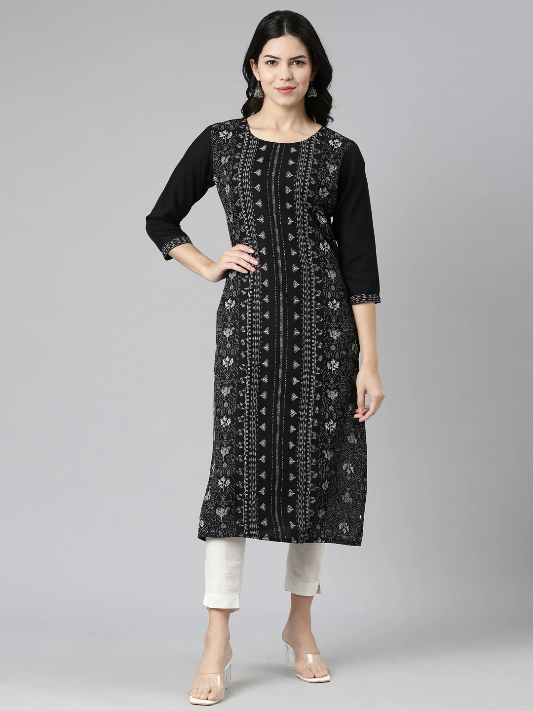 Neerus Black Regular Straight Printed Kurta