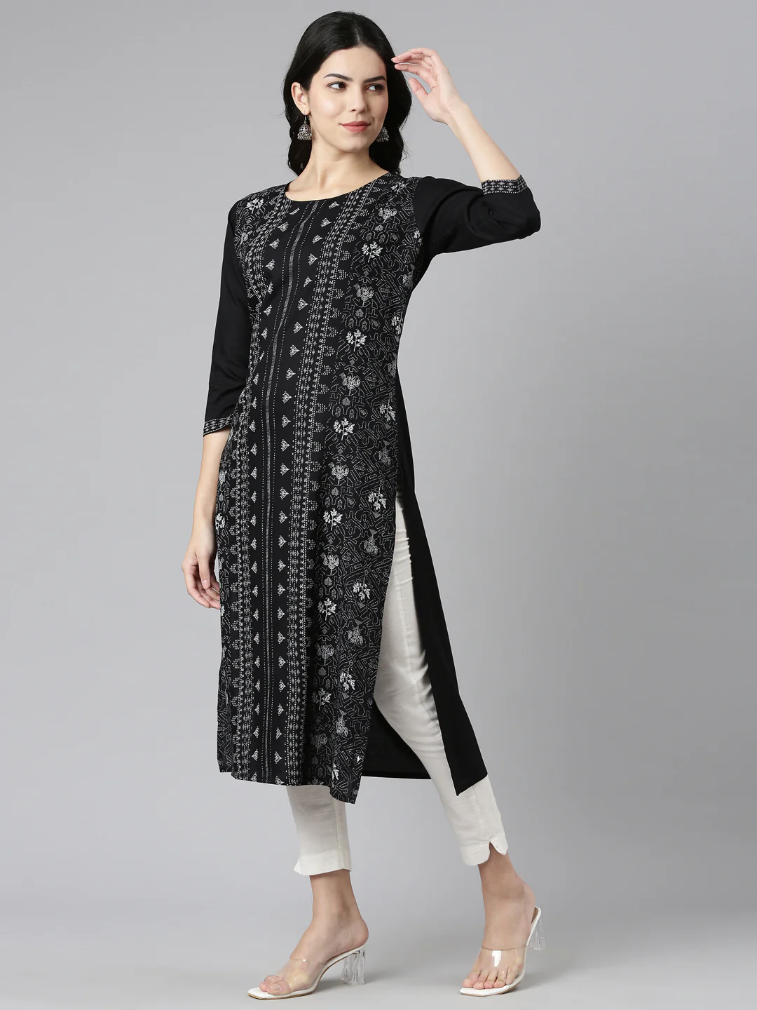 Neerus Black Regular Straight Printed Kurta - Image 2