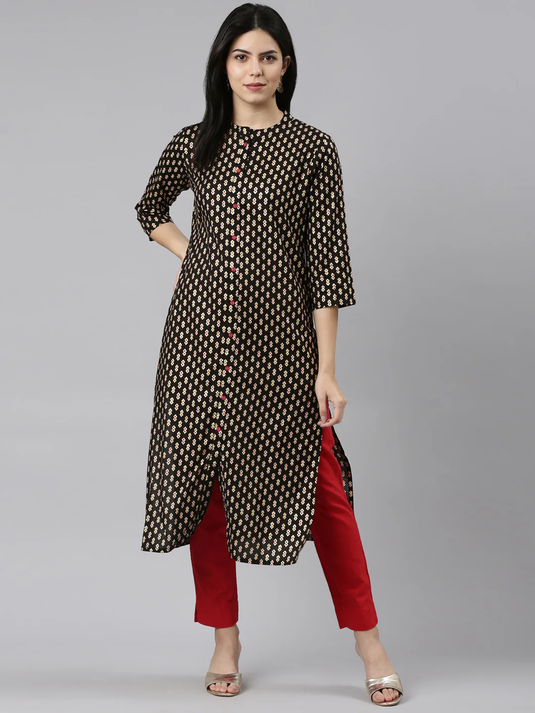 Neerus Black Regular Straight Printed Kurta - Image 5