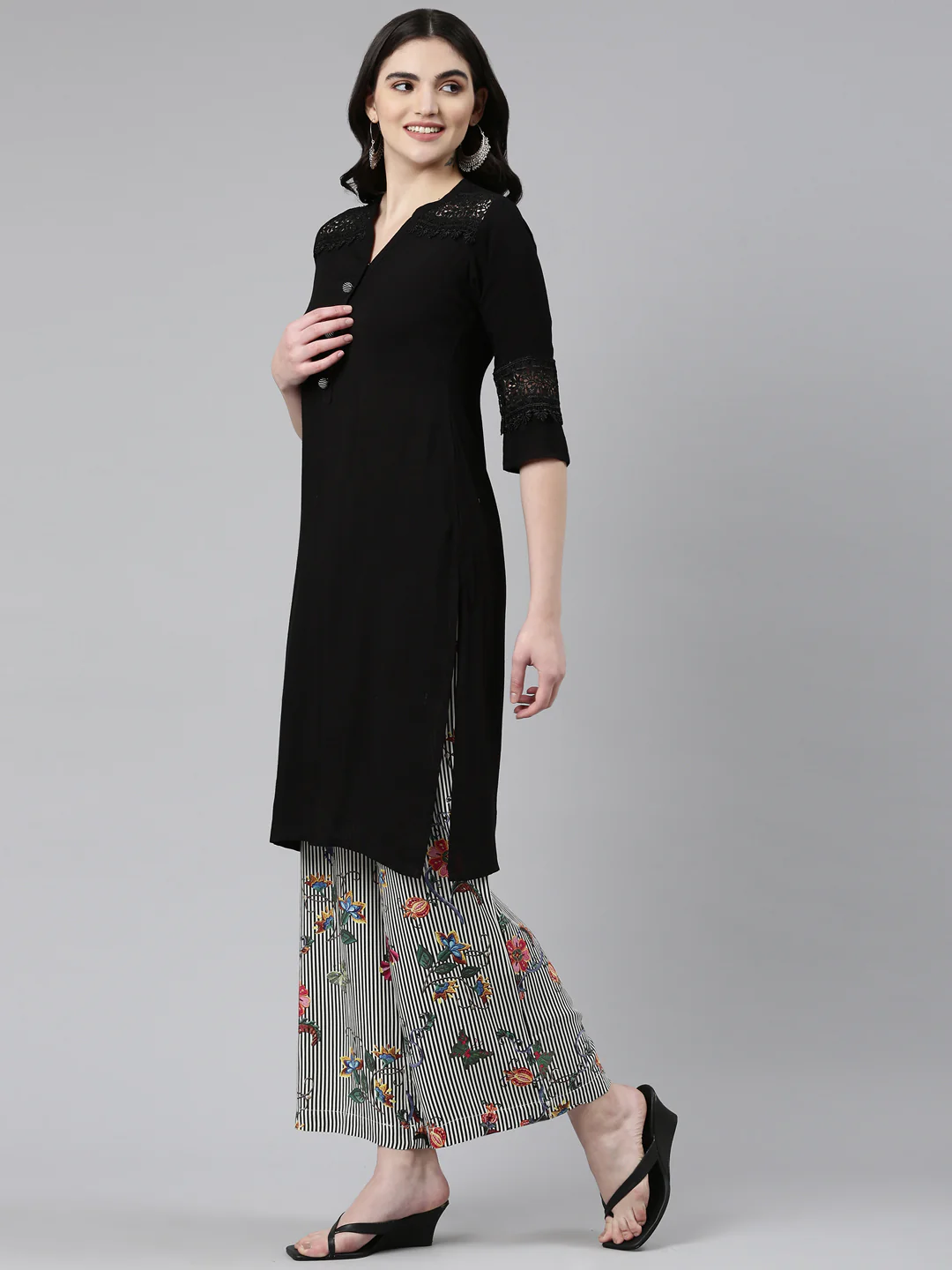 Neerus Black Regular Straight Solid Kurta And Palazzos - Image 2