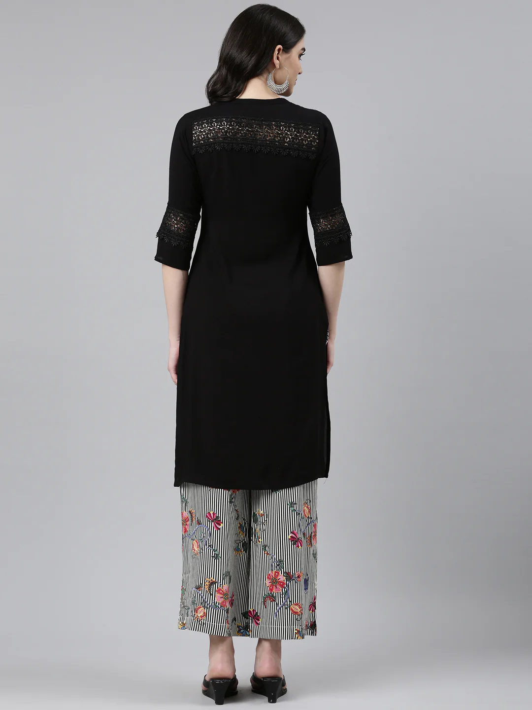 Neerus Black Regular Straight Solid Kurta And Palazzos - Image 3