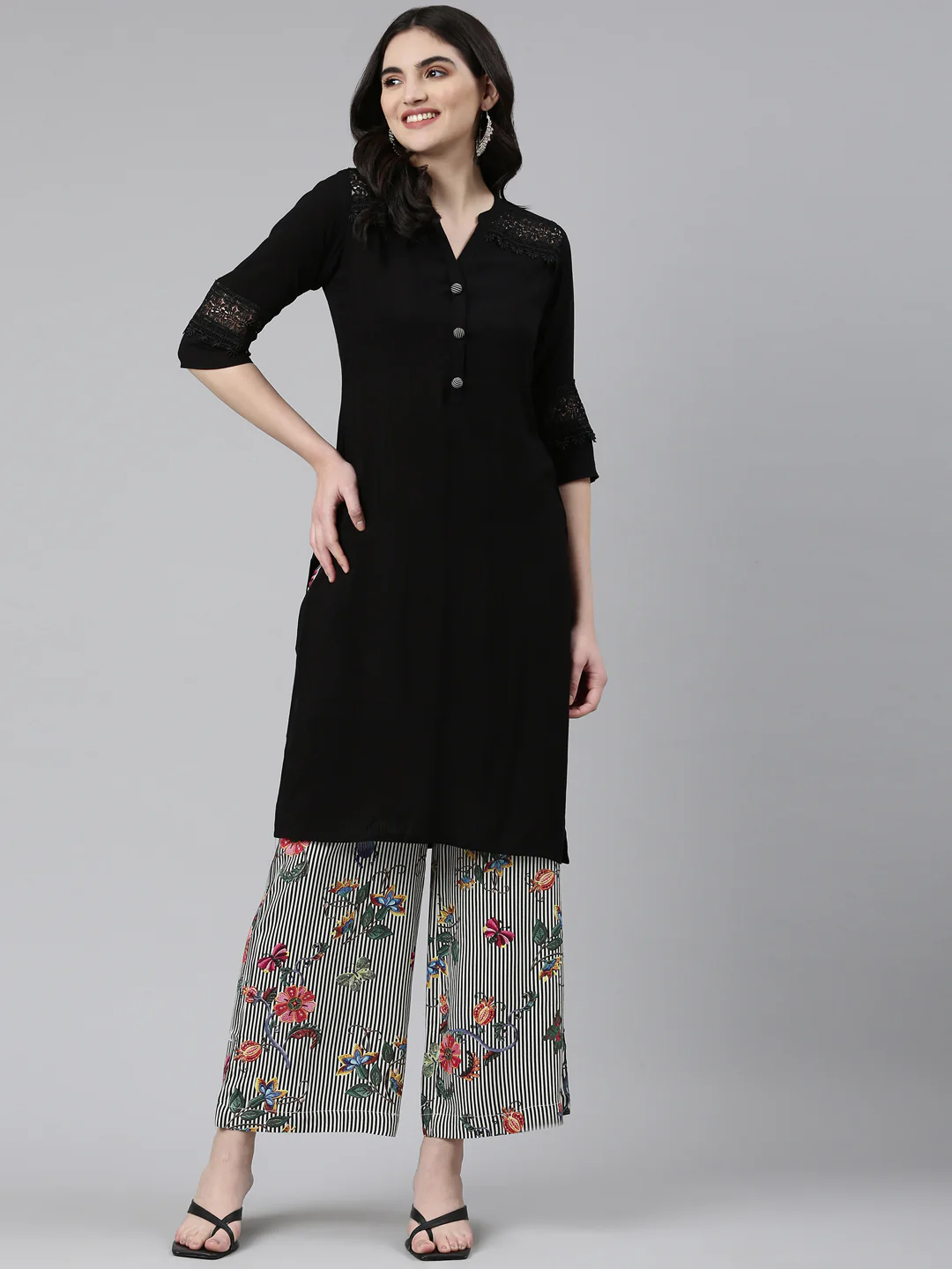 Neerus Black Regular Straight Solid Kurta And Palazzos - Image 5