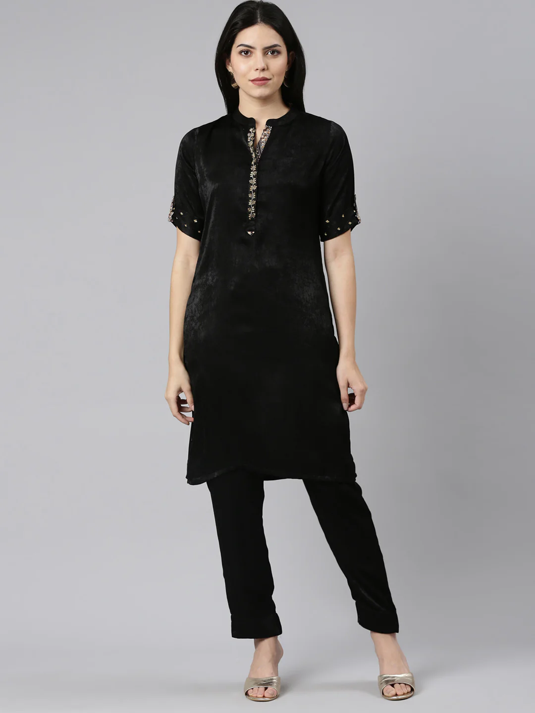 Neerus Black Regular Straight Solid Kurta And Trousers