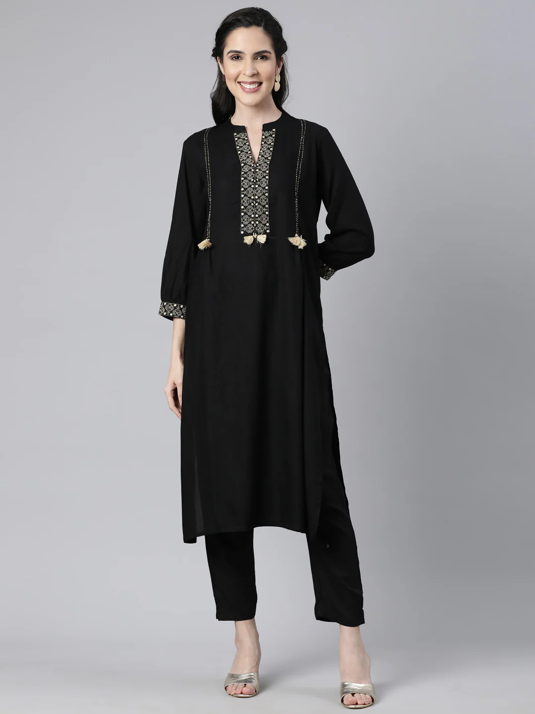 Neerus Black Regular Straight Solid Kurta And Trousers