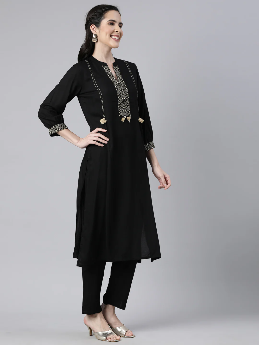 Neerus Black Regular Straight Solid Kurta And Trousers - Image 2