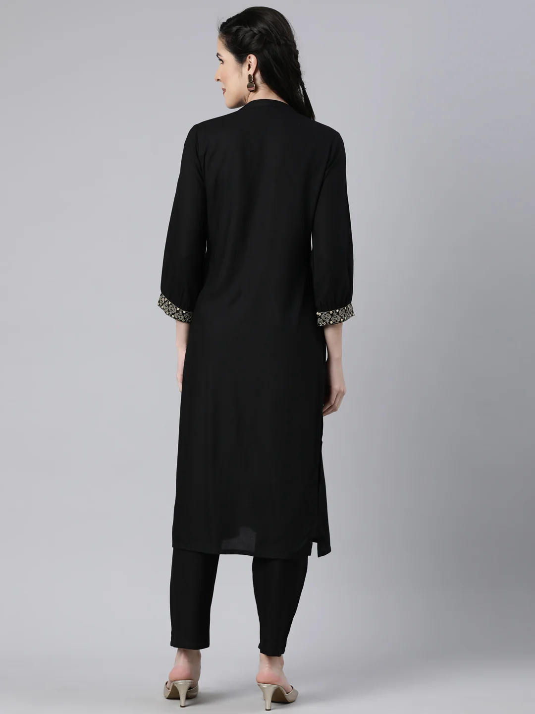 Neerus Black Regular Straight Solid Kurta And Trousers - Image 3