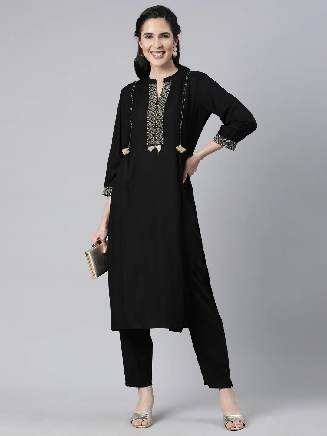 Neerus Black Regular Straight Solid Kurta And Trousers - Image 5
