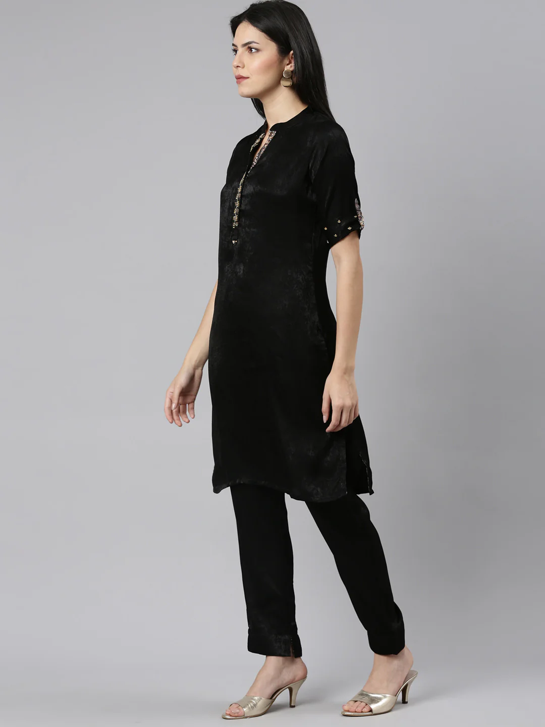 Neerus Black Regular Straight Solid Kurta And Trousers - Image 2