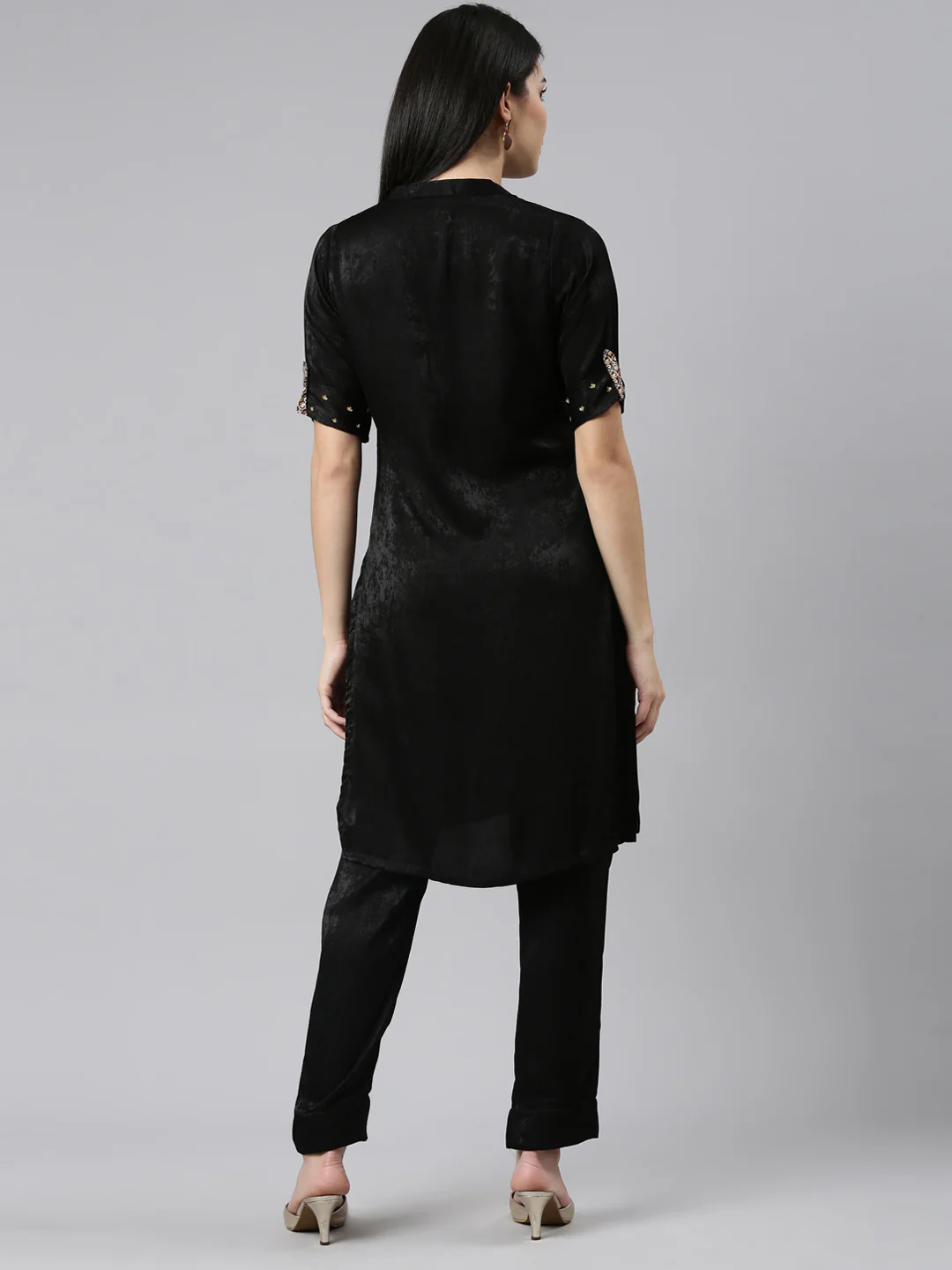 Neerus Black Regular Straight Solid Kurta And Trousers - Image 3