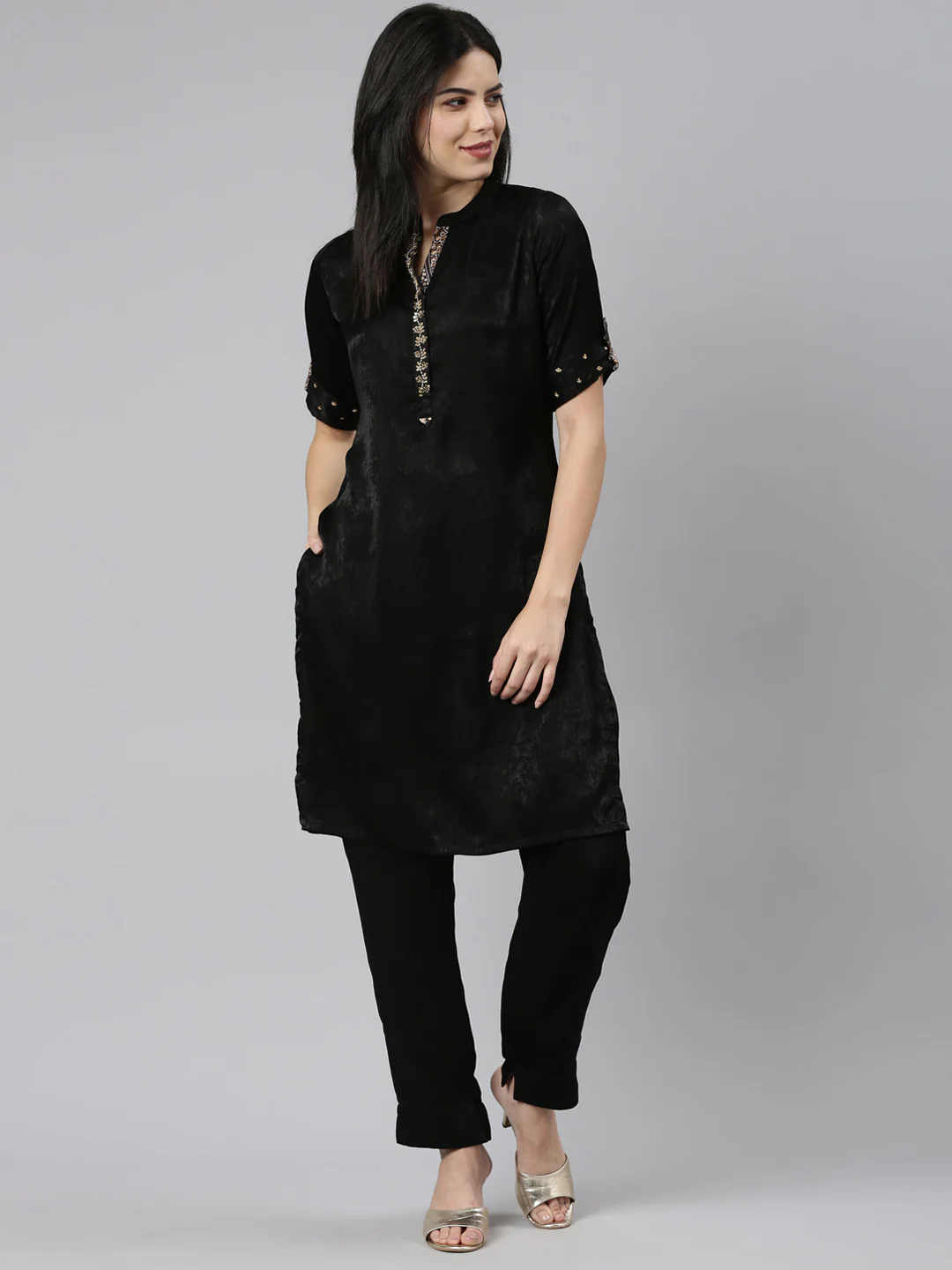 Neerus Black Regular Straight Solid Kurta And Trousers - Image 5