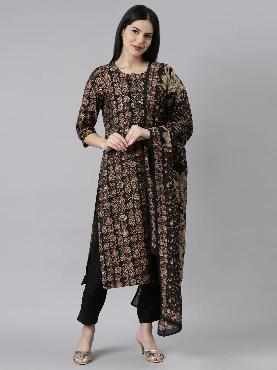 Neerus Black Regular Straight Solid Readymade Suits