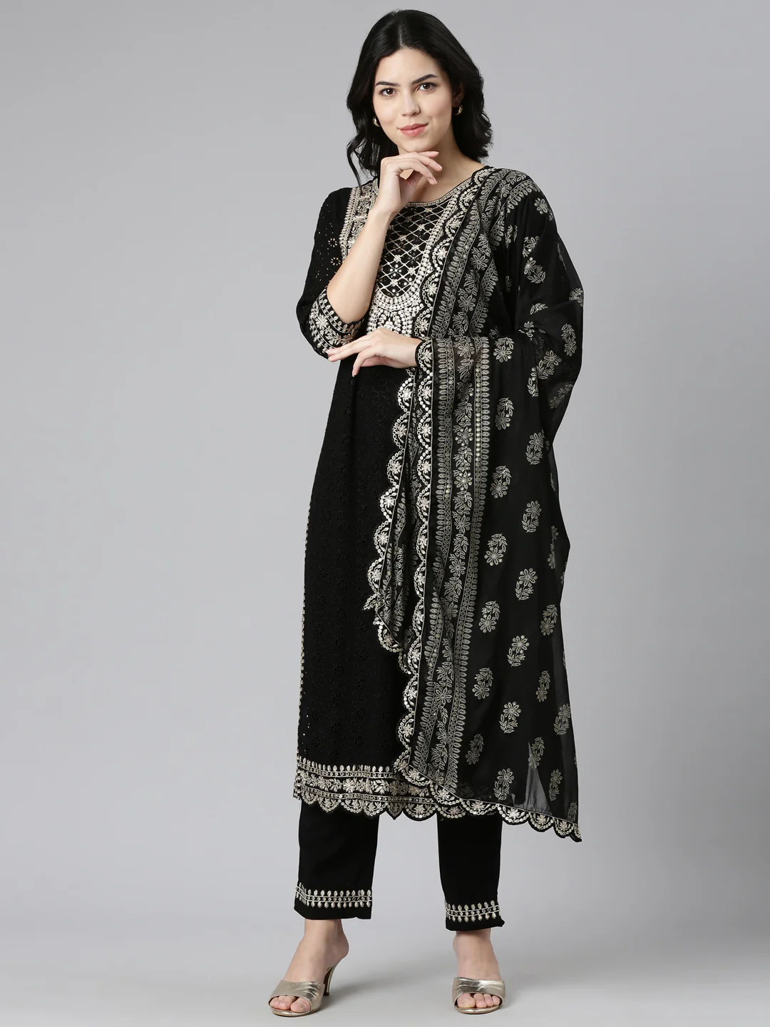 Neerus Black Regular Straight Solid Readymade Suits