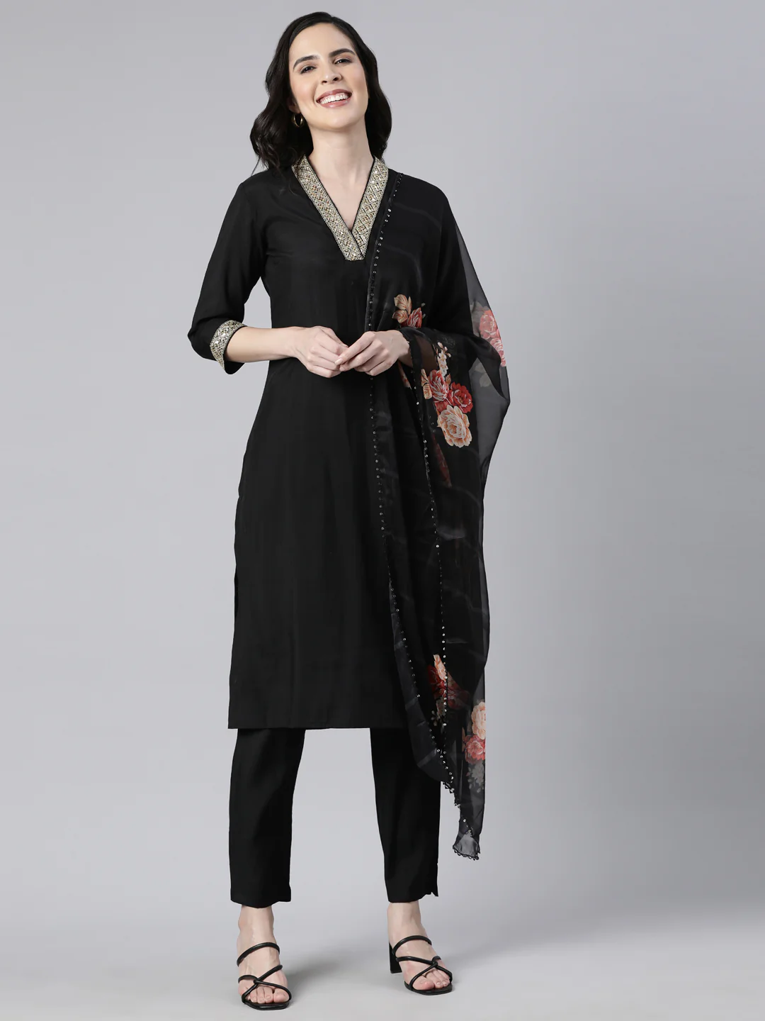 Neerus Black Regular Straight Solid Kurta And Trousers With Dupatta