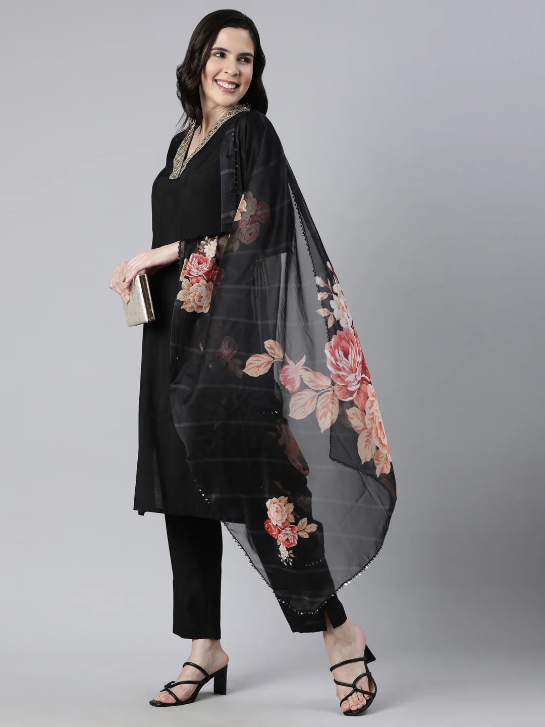 Neerus Black Regular Straight Solid Kurta And Trousers With Dupatta - Image 5
