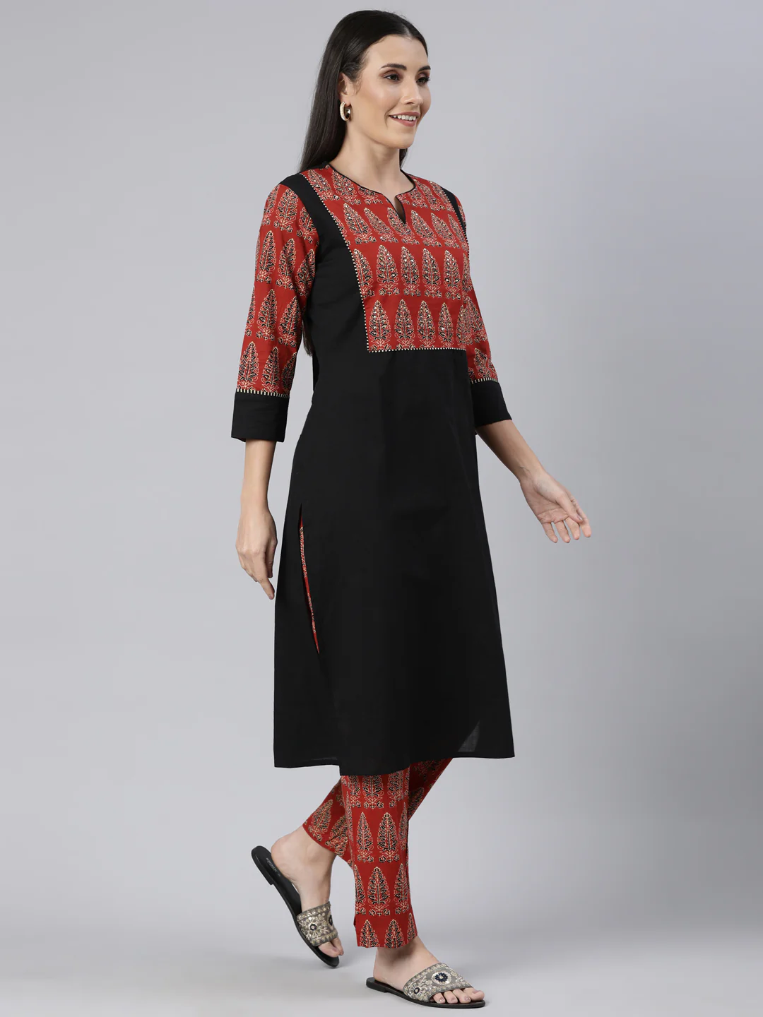 Neerus Black Regular Straight Solid Kurta And Trousers With Dupatta - Image 2