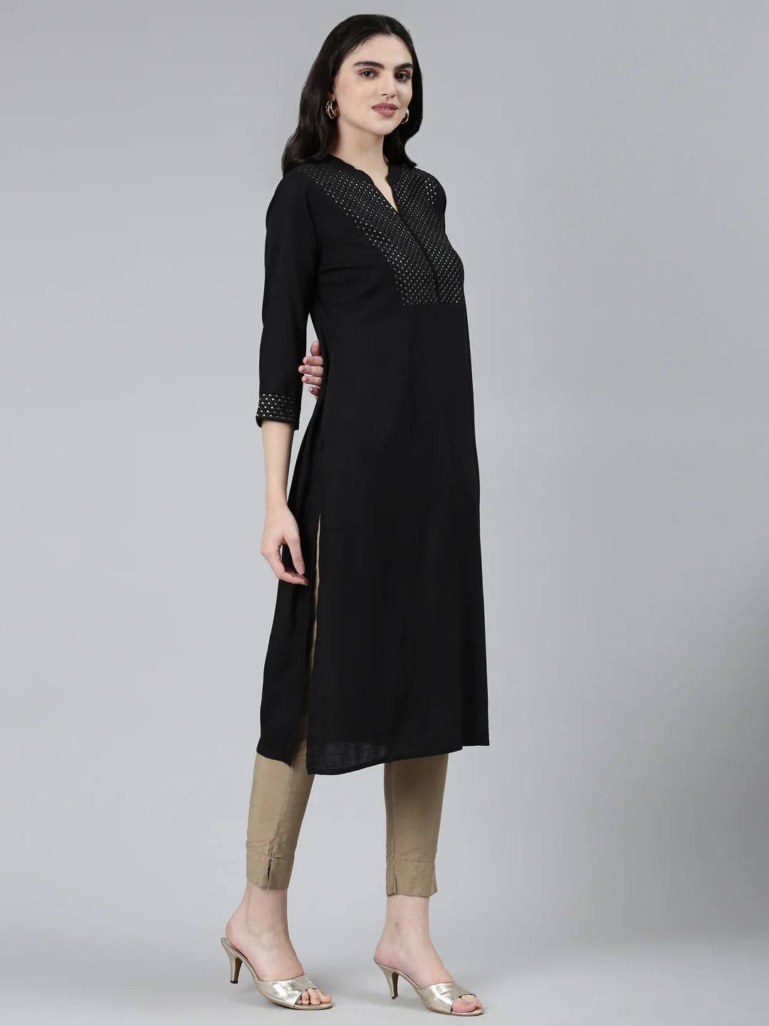Neerus Black Regular Straight Solid Kurta - Image 2