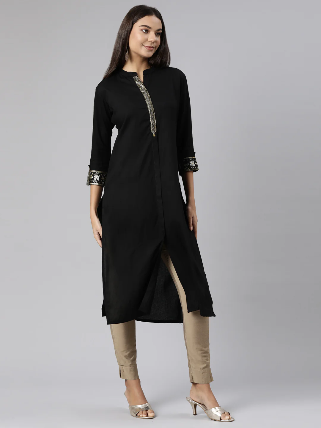 Neerus Black Regular Straight Solid Kurta - Image 2