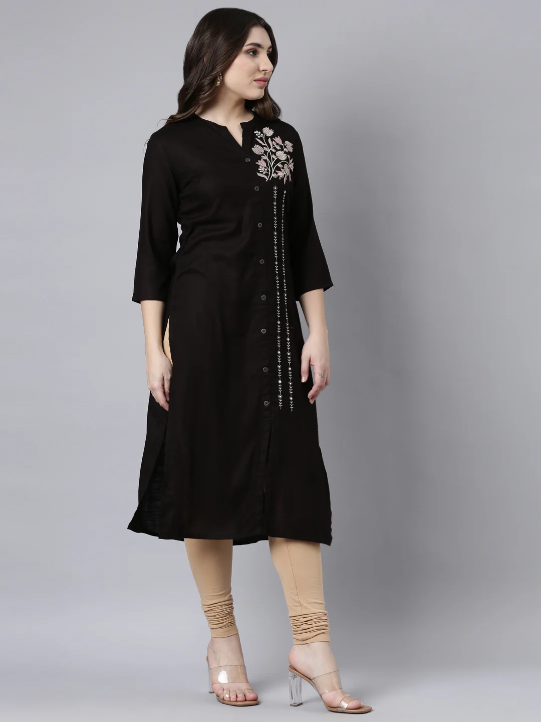 Neerus Black Regular Straight Solid Kurta - Image 2