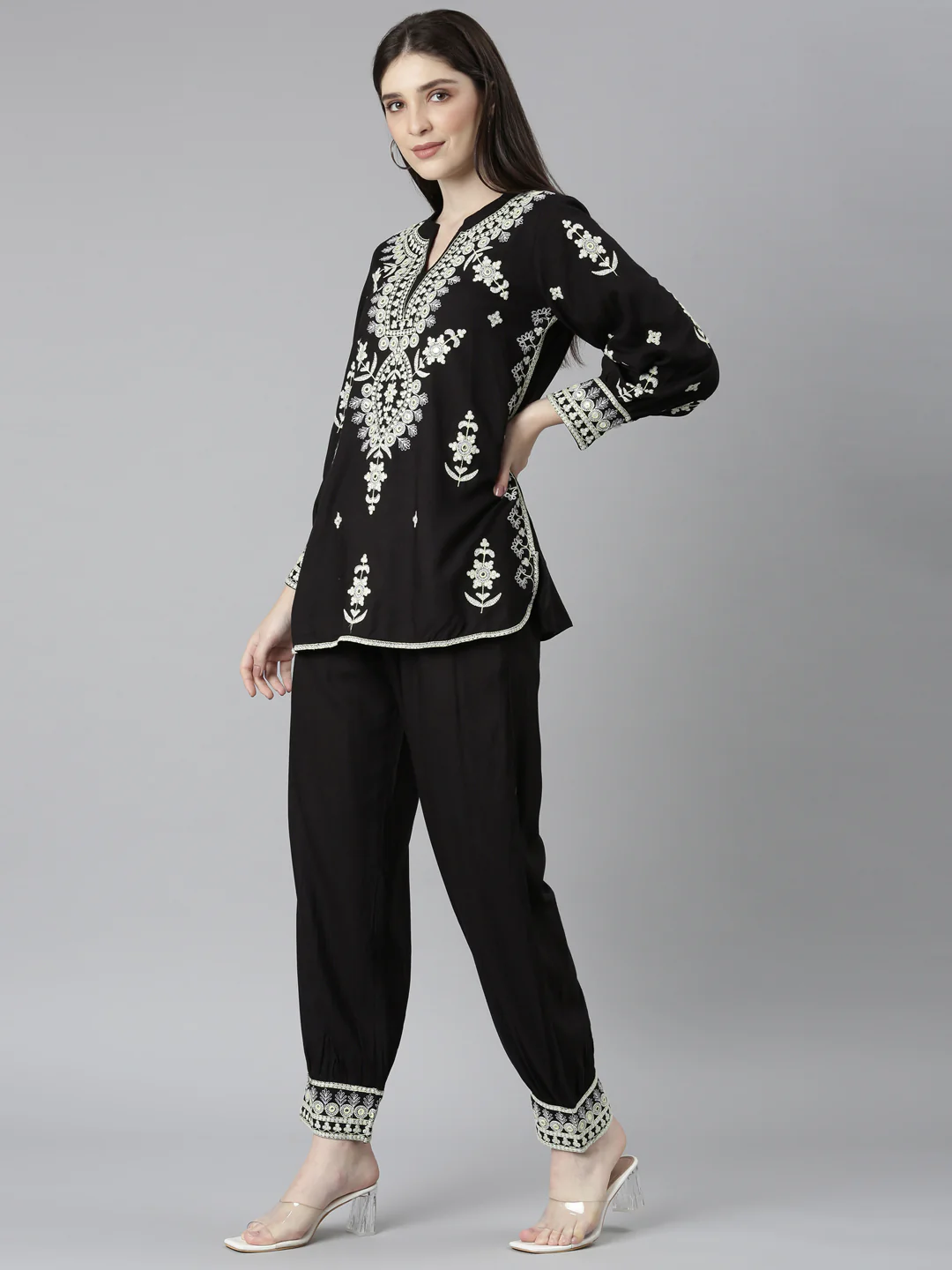 Neerus Black Regular Straight Solid Top And Trousers - Image 2