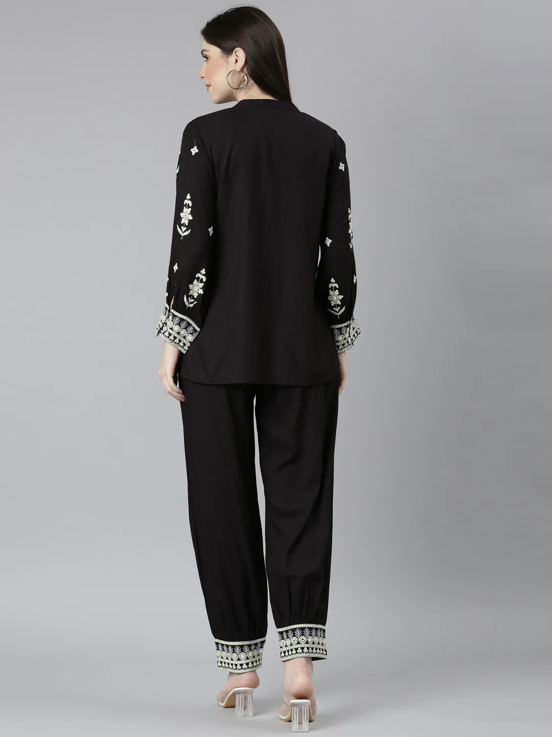 Neerus Black Regular Straight Solid Top And Trousers - Image 3