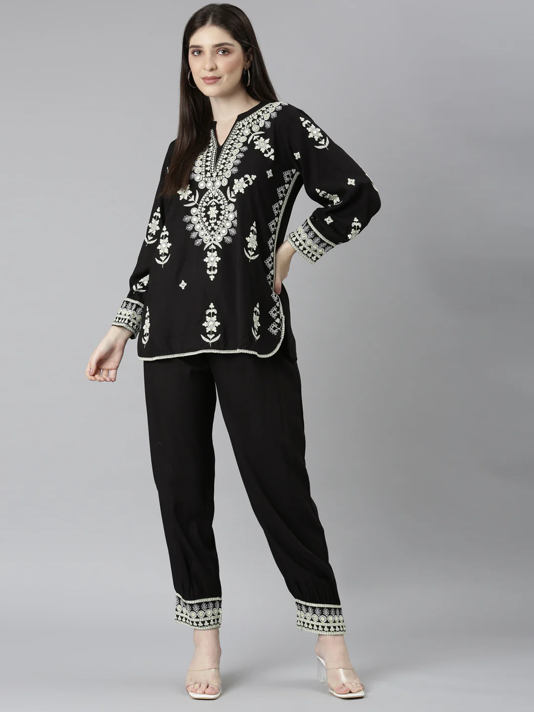 Neerus Black Regular Straight Solid Top And Trousers - Image 5