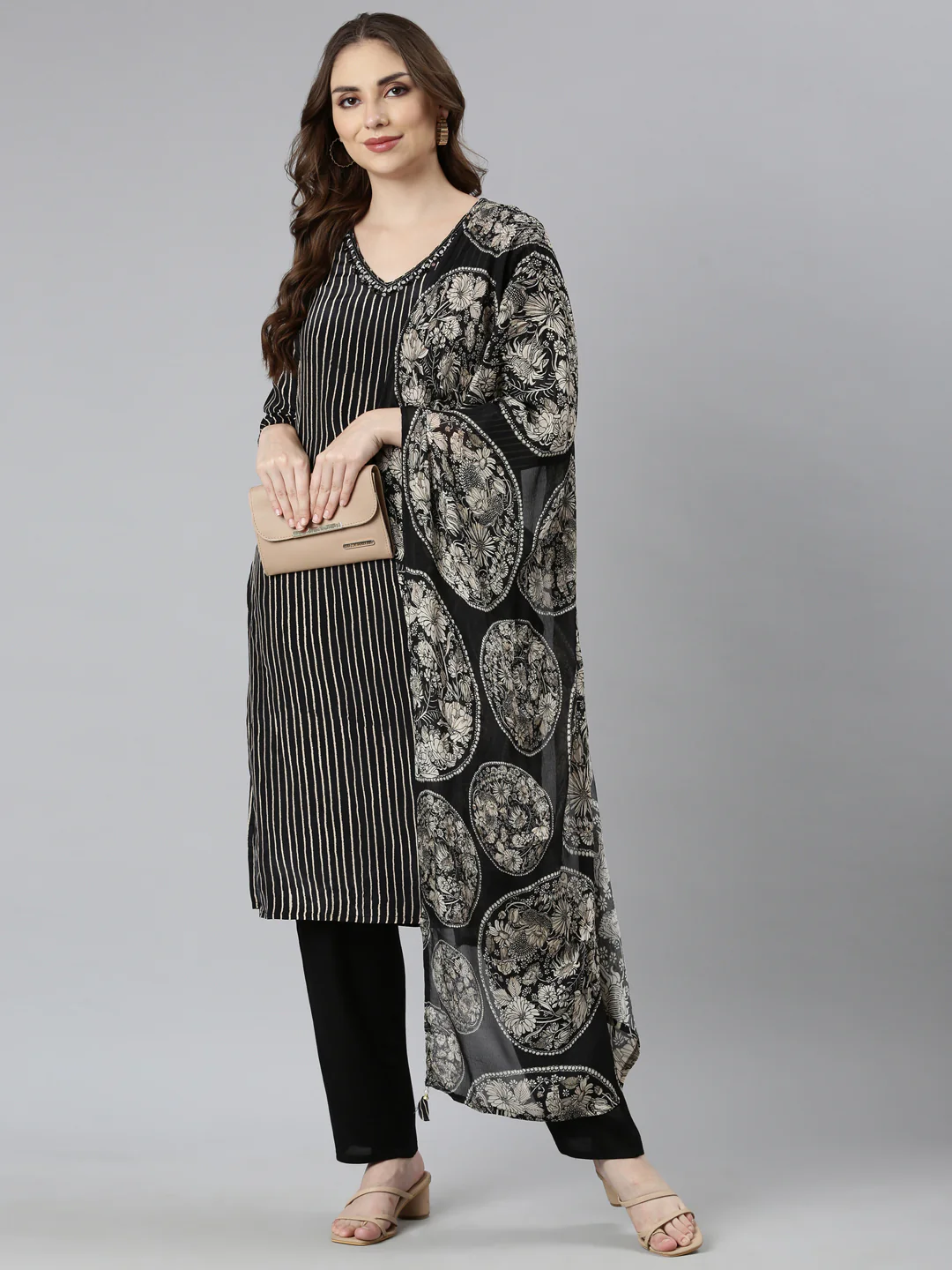 Neerus Black Regular Straight Striped Kurta And  Trousers With Dupatta - Image 4
