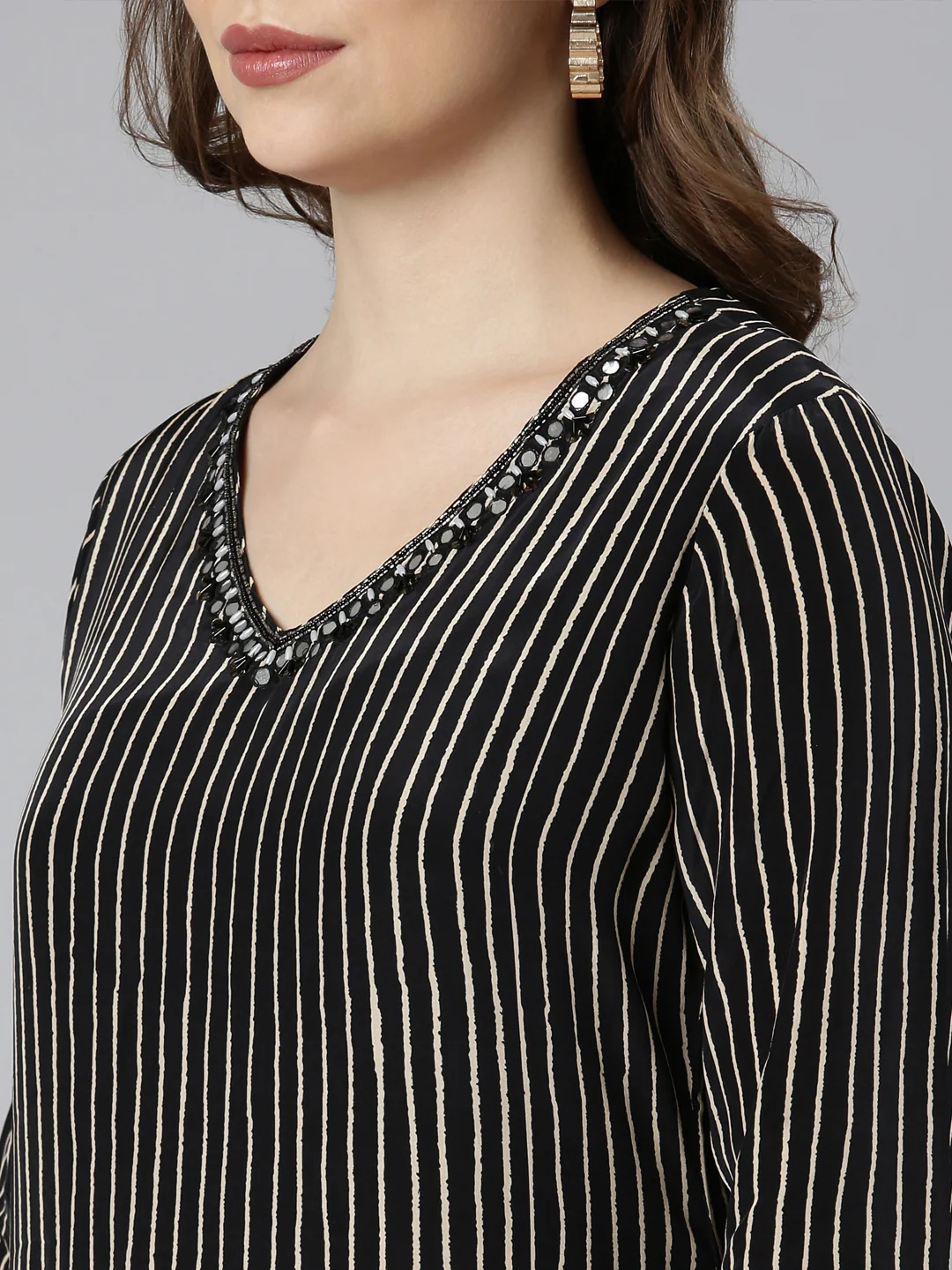 Neerus Black Regular Straight Striped Kurta And  Trousers With Dupatta - Image 7